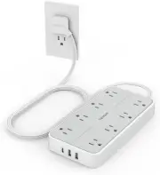 10Ft Long Extension Cord Power Strip Flat Plug Ultra Thin Plug with 8 Outlet USB