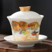 220ML Chinese Cup Pure Handmade Goat Fat Jade Dragon Phoenix Lid Bowl