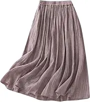[bawilom] Womens Cotton Linen Skirts Solid Color Casual Pleated Flowy Skirt Lightweight Elastic Waist A-Line Swing Midi Skirts