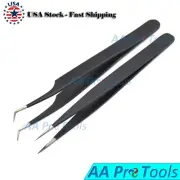 2 Pcs Eyelash Extension Tweezers Straight & Curved Stainless Steel Black-Color