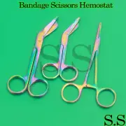 3 Multi Titanium Rainbow Color Lister Bandage Scissors 7.25"+5.5+Hemostat FORCEP