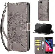 KENHONER for iPhone SE 2020/SE 2022/iPhone 8/iPhone 7 Case Wallet,Women Flip Folio Cover with Embossed PU Leather Card Holders Slots Wrist Strap Phone Case for iPhone 7/8 4.7 inch (Gray Flower)