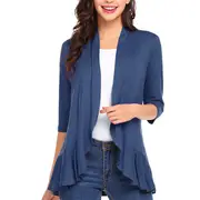 Nevenka Women's Open Front Cardigan 3/4 Sleeve Draped Ruffles Soft Knit Sweaters-Navy-8012