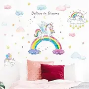 Rainbow Unicorn Wall Decals, Large Size Removable Unicorn Wall Decal Stickers with Cute Cat Kitty Clouds Stars Art Decal, DIY Home Wall Decor Stickers for Girls Bedroom Baby Nursery Kid Birthday Party