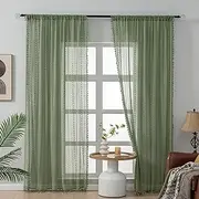 Oliver Green Curtains Drapes 84 Inches Long Cotton Boho Lace Sheer Curtains 2 Panel Sets,Rod Pocket Retro Crochet Light Filtering Curtains for Living Room Bedroom Window Treatment,Moss Green