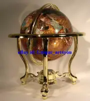 14" Amber Pearl Swirl Ocean 3- leg Gold table stand Gem Gemstone World MAP globe