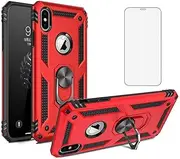 Phone Case for iPhone Xs X 10 10s with Tempered Glass Screen Protector Ring Holder Shockproof Magnetic Stand Cell Accessories iPhoneX iPhoneXs iPhone10 i PhoneX SX 10x 10xs X’s Women Men Red