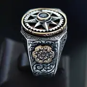 Sterling Silver Men's Ring Spinning Compass Black Diamond Unique Turkish Jewelry