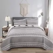 WONGS BEDDING Grey Quilt Set King, Boho Striped Triangle Bedding