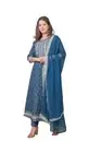 Rangnavi Women Rayon Anarkali Embroidered Printed Kurta Pant-Dupatta - Teal Blue