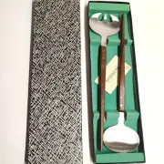 Vintage MCM Barlow Salad Serving Set Wood Handle Stainless Japan Engraved