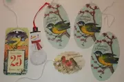 Vintage String Big Gift Tags Santa & Birds With Glitter Set Of 6