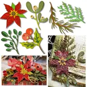 Tim Holtz Christmas Dies, Large Funky Festive, Holly Poinsettia Mistletoe 664221