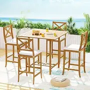 Gardeon 5pcs Outdoor Bar Set, Wooden Table and Chairs Patio Furniture Bistro Dining Chair Lounge Setting, Built-in Footrest Metal Frame with 6 Seater Space Saving Wood