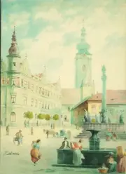 Photo Postcard of a Painting of Pisek, Czechia, by Tomas Stetka