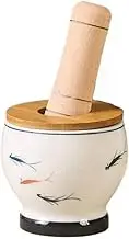 Pestle and Mortar Set Ceramic Grinder Household Garlic Mortar Manual Herb Grinder with Wooden Lid and Pestle Spice Masher Mortar and Pestle