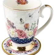 Roses & Butterflies Navy Floral Decorative Mug & Coaster Set 360ml