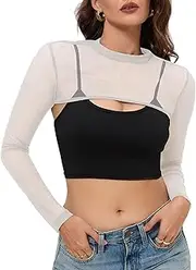 [spxidacx] Women Mesh Crop Tops Long Sleeve Mock Neck Sheer Bolero Slim Fit See Through Sexy Tee Shirt Clubwear