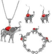 [BESTYASH] 1 Set Creative Retro Jewelry for Women Elephant Necklace Bracelet and Earrings Red present for Decorative Jewelry