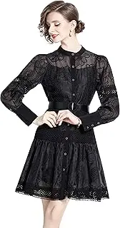 [LAI MENG FIVE CATS] Women's Hollow Out Floral Print Lantern Sleeve Button Casual Mini Dress