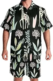 [FNETJXF] Men's Hawaiian Shirts and Shorts Set, Mens Short Sets 2 Piece Outfits, Mens Beach Outfit, Green Giraffe Cartoon Animal, Mens Summer Outfits
