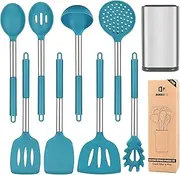 Silicone Cooking Utensil Set, 8Pcs Non-stick Cookware with Stainless Steel Handle, BPA Free Heat Resistant Kitchen Tools with Spatulas, Turners, Spoons, Skimmer and Pasta Fork