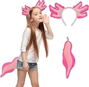 Creatoy Axolotl headband for Girls, Toddler Stuffed Animal Headband with Tail Set, Axolotl Costume for kids, Flannel Axolotl Plush Toys for Girls, Birthday Gifts Party Halloween Costume Accessories
