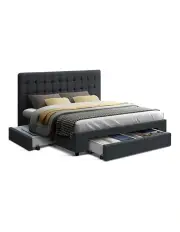 [Artiss] Queen Size Fabric Bed Frame Headboard with Drawers Charcoal
