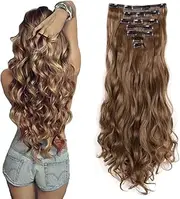 7Pcs 16 Clips Thick Curly Straight Full Head Clip Hair Extensions Long Curly Hair Wig (Light Brown, One Size)
