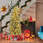 CostwayPre-Lit Artificial Slim Pencil Hinged Christmas Tree with 9 Modes, LED Lights-M