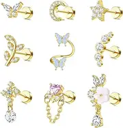 [Sanfenly] 9Pcs Helix Cartilage Earrings for Women Men Stainless Steel Tragus Earrings Butterfly Moon Star Flower Ear Piercing Jewellery Set for Helix Cartilage Tragus