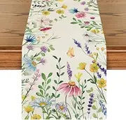 Artoid Mode Daisy Eucalyptus Lavender Floral Leaves Summer Table Runner, Spring Kitchen Dining Table Decoration for Home Party Decor 33 x 183 cm