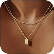 [Rotnso] Initial Necklace for Women, 14K Real Gold Plated Layered Letter Pendant Necklace Set Dainty Capital Monogram Choker Trendy Personalized Tiny Alhpabets A-Z Tag Charm Name Necklace Jewelry Gift