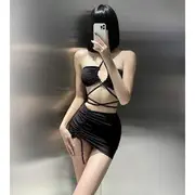 Set: Halter Plain Bikini Top + Bottom + Drawstring Cover Up Black - L