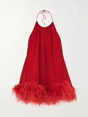 [Oséree] Oséree - Lumière Feather-trimmed Metallic Stretch-knit Halterneck Mini Dress - Red - M/L M/L Red
