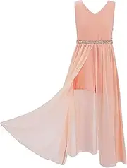[Jugaoge] Kids Girl Sheer Mesh Chiffon Dress Sleeveless Keyhole Back A Line Dress with Belt Lyrical Dance