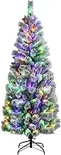 Costway 1.8M/6 ft Pre-lit Snow Flocked Christmas Tree with 9 Lighting Modes and Color Changing LED Lights, Artificial Xmas Hinged Tree with Remote Controller, Xmas Pine Tree Christmas Decoration for Home, Office, Party
