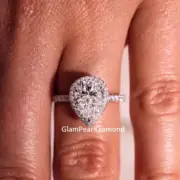 Unique 3 Ct Pear Cut Moissanite Halo Accent Women Engagement Ring 14K White Gold