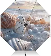 [PDZRMY] Beach Seashell UV Protection Travel Umbrella Compact for Rain and Sun - Auto Open and Close UPF 50+ Windproof Portable 46” Sun Umbrella for Women and Men