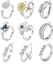 Kakonia 9Pcs Fidget Anxiety Rings for Women Spinner Fidget Rings for Anxiety Adjustable Cubic Zirconia Flower Butterfly Sunflower Bead Stress Relief Spinning Stackable Ring Set with Box
