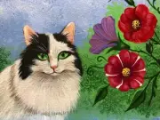 1.5x2 DOLLHOUSE MINIATURE PRINT OF PAINTING RYTA 1:12 SCALE Tuxedo Cat Flowers