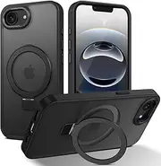 ROUMAYMAY Magnetic Case for iPhone 16e with Stand Foldable Ring Holder Metal Kickstand [Compatible with Magsafe], Matte Slim Transluscent Protective Phone Cover for iPhone 16e 2025 6.1'', Black