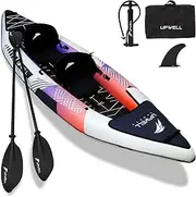 UPWELL 13'6”/11' Inflatable Recreational Kayak - 2 Person with Drop Stitch Floor and Accessories Including Kayak Seats with High Back Support, Paddle, Fin, Repair Kits, Carry Bag and Hand Pump