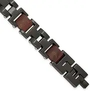 [JewelryWeb] 15mm Stainless Steel Brushed Black Ip Plated With Wood Inlay Link Bracelet With 1 Centimeters Extension 20 Centimeters- Link-Bracelet for Women