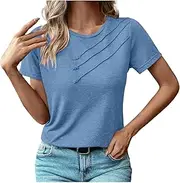 [Generic] Women's Crew Neck T-Shirt with Pleats Plain Elegant Outdoor Short Sleeve Shirt Casual Tops Summer Shirt Regular Fit T-Shirt Button Business Casual Shirt Top