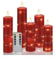 Red Flameless Candle with Remote Control LED with String Lights Battery Powered