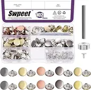 Swpeet 102Pcs 5 Colors Jeans Buttons Rivets Set, 17mm No-Sew Nailess Removable Combo Thread Rivets, Cap Denim Metal Replacement with Snap Press Studs & Install Tool, Bronze,Gold,Red,Silver, (S3033)
