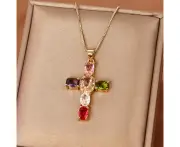 Small Cross Necklaces for Women Simulated Diamond Cross Pendant Dainty Cross Necklace Cubic Zirconia Cross Necklace for Women - Multi-coloured