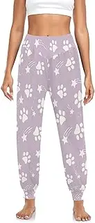 [Joisal] Dog Bone Paw Doodle Cinch Bottom Sweatpants Women, Pajama Pants for Women Soft, Purple White Paw Stars, Small