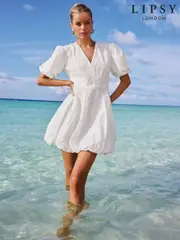 Lipsy White Textured Mini V-Neck Puff Ball Short Sleeve 100% Cotton Dress (AR6897) | $136